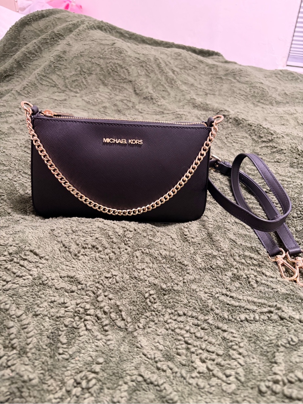 Michael Kors Black Saffiano Crossbody with Gold Chain Strap
